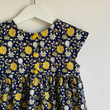 Navy & yellow floral vines classic handmade dress, 4-5 years