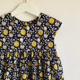 Navy & yellow floral vines classic handmade dress, 4-5 years