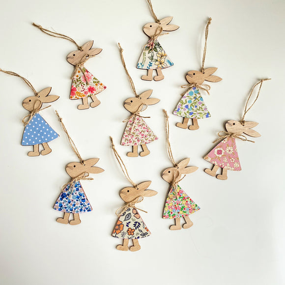 Wooden bunny hanging decoration with fabric dress