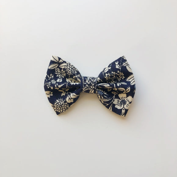 Navy floral print classic hair bow - headband, clip or bobble