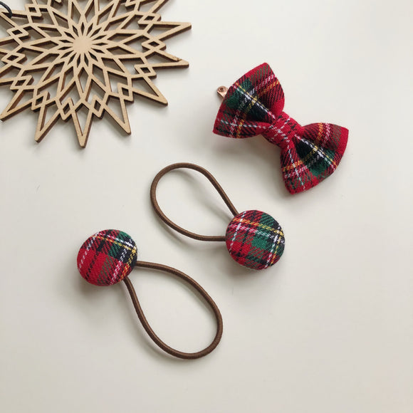 Red tartan bow clip and button bobble set
