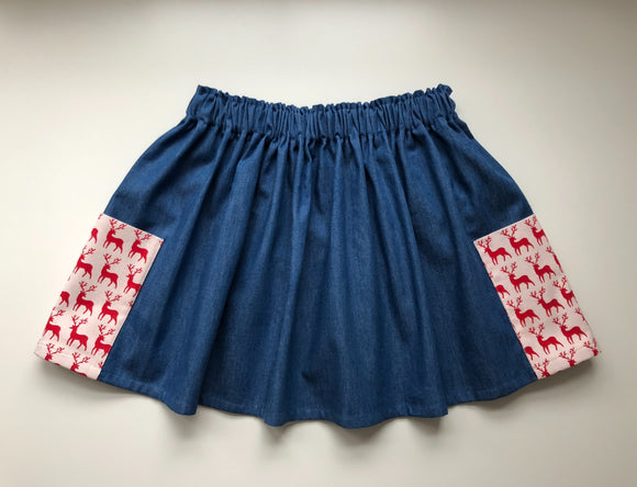 Denim Christmas reindeer print skirt with pockets