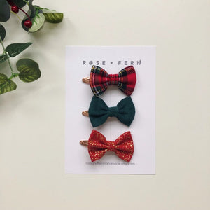 Handmade red and green hair bow set