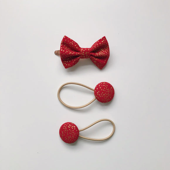 Handmade red sparkle hair bow clip and button bobble set